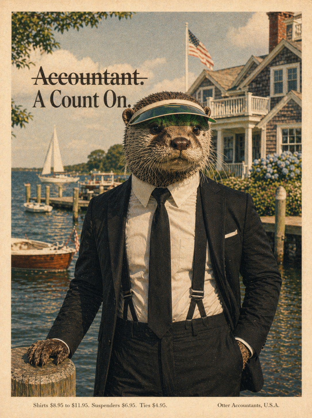 Otter accountant in a navy suit at the harbor